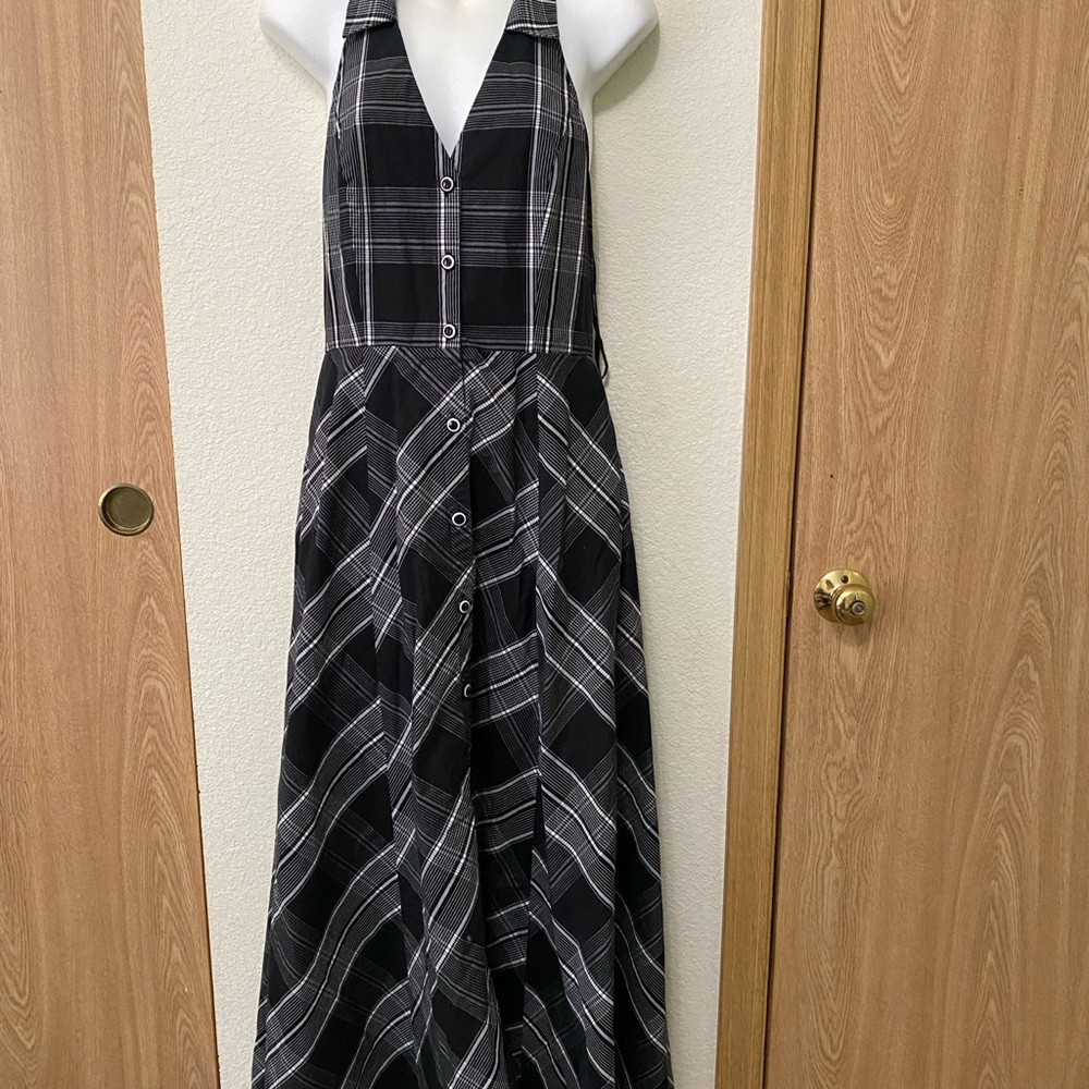 Maeve Adaira Black and White Plaid Halter Maxi Dress